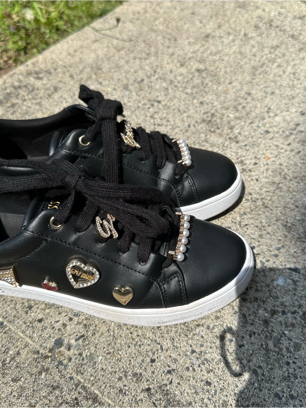 Guess Black Sneakers with Gold Heart & Pearl Accents